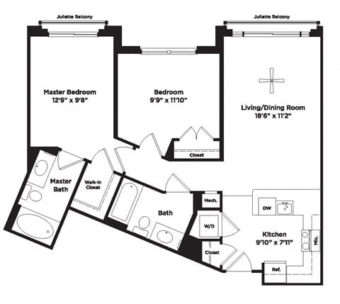 Floor plan for 2 beds, 2 baths, 874 sqft